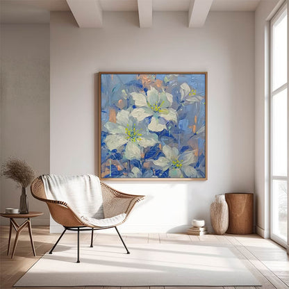 Elegant White Flower Oil Painting with Blue Background for Home Décor