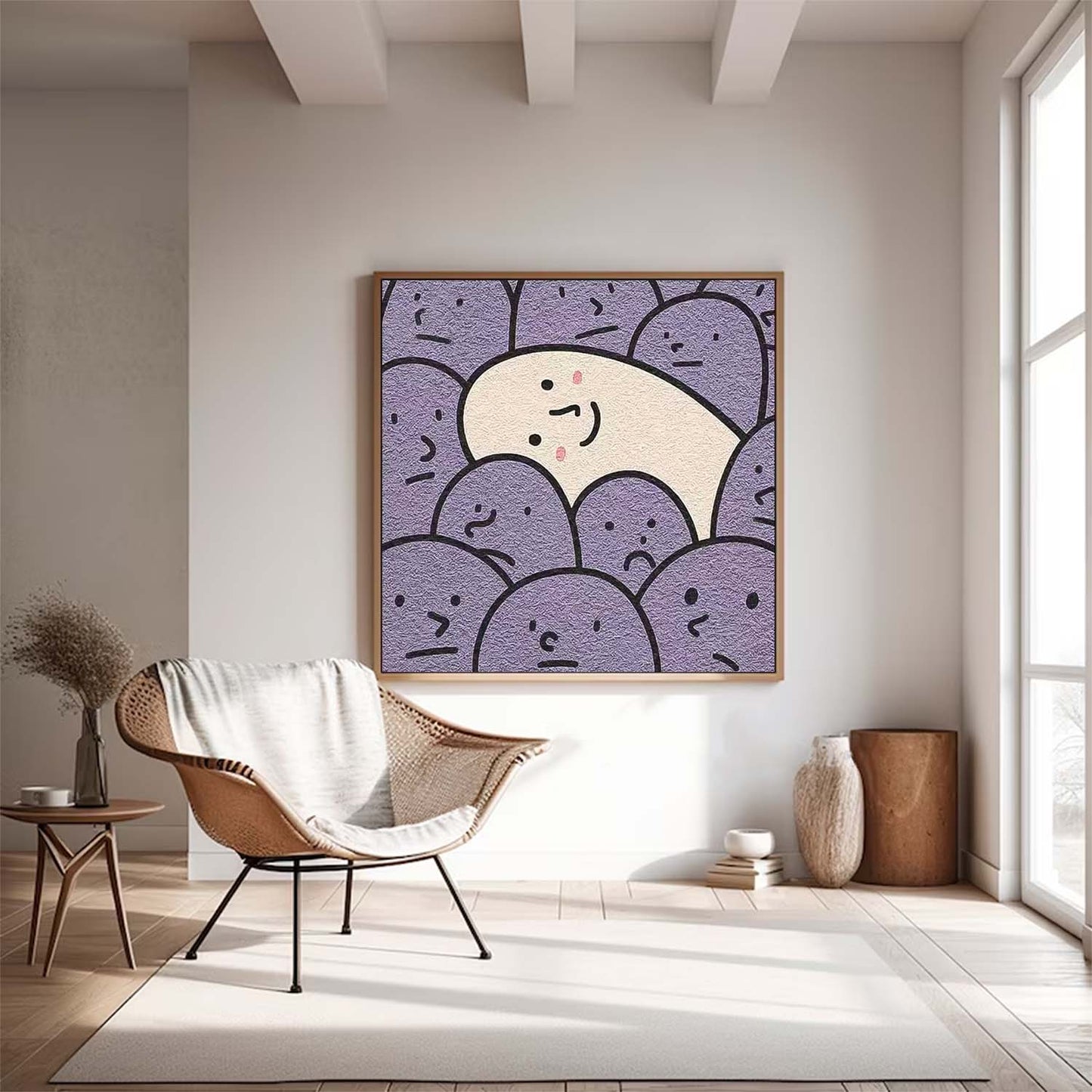 Charming Minimalist Oil Painting of Smiling Character Among Purple Faces