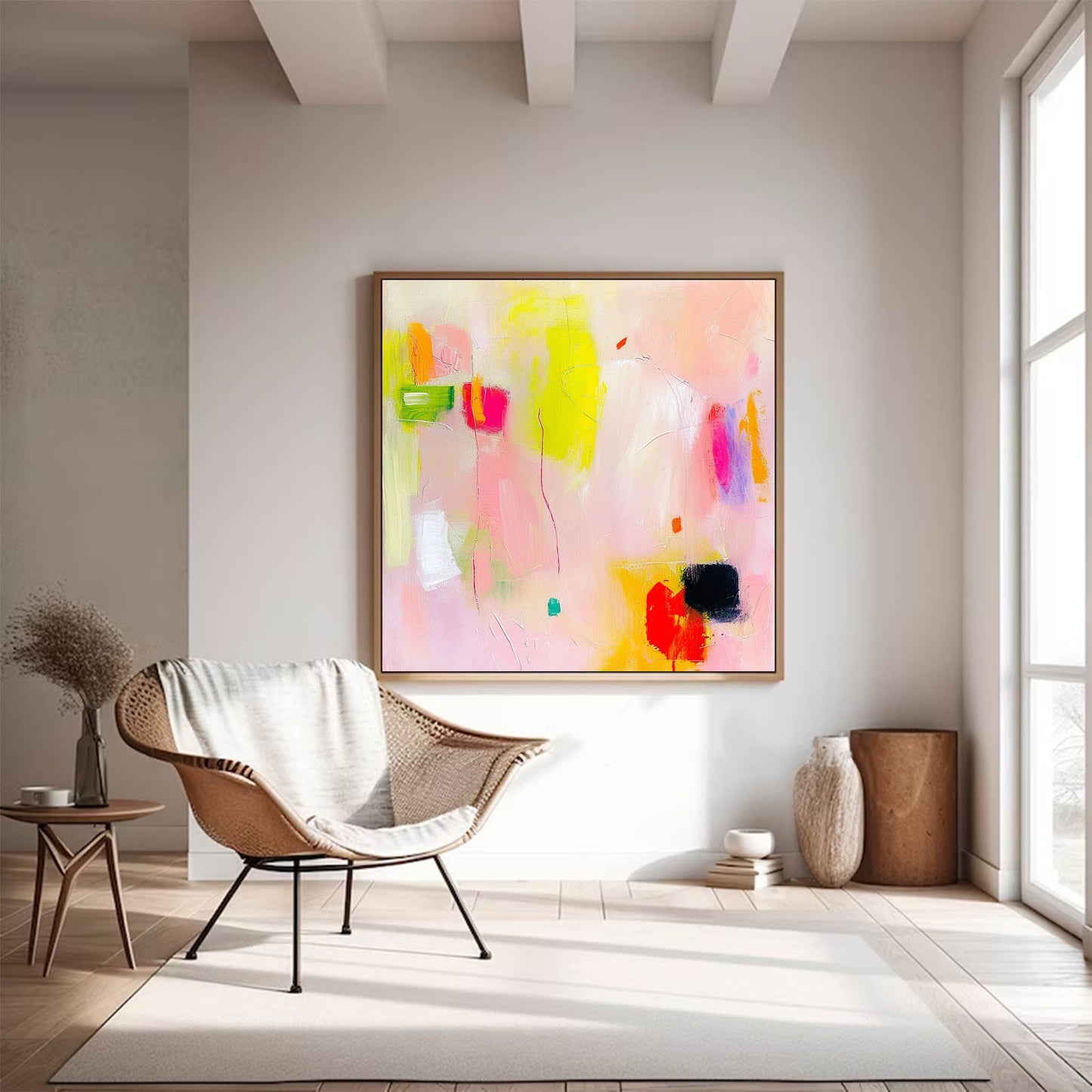 Vibrant Abstract Oil Painting in Soft Pink and Yellow Hues for Modern Home Decor