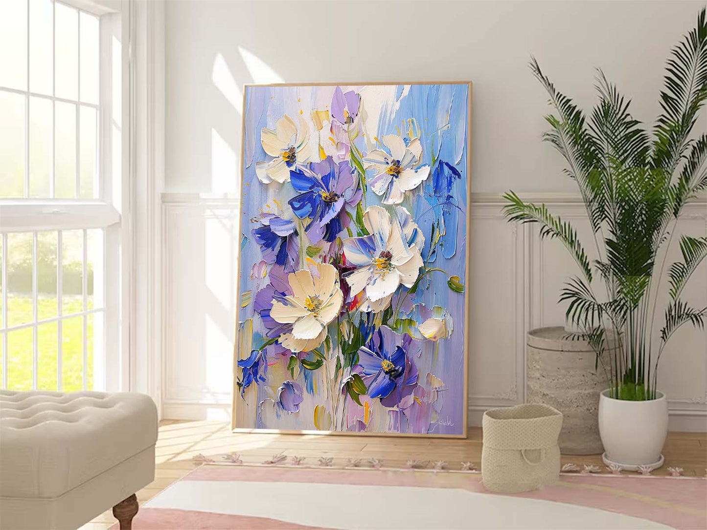 Vibrant Floral Oil Painting - Beautiful Blue and White Flower Art for Home Decor