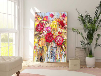 Vibrant Floral Oil Painting with Roses and Bright Colors for Home Decor