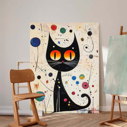 Whimsical Black Cat Oil Painting with Vibrant Colors and Abstract Elements