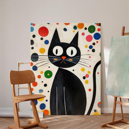 Whimsical Black Cat Oil Painting with Colorful Abstract Background