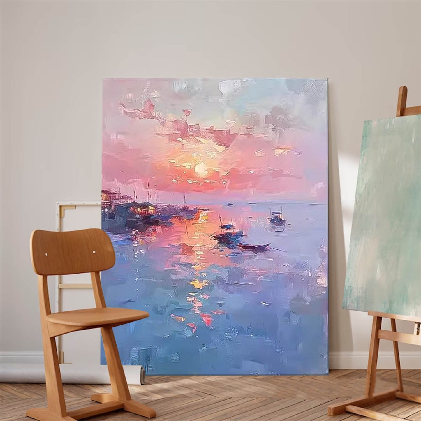 Serene Sunset Seascape Oil Painting with Boats and Reflective Water