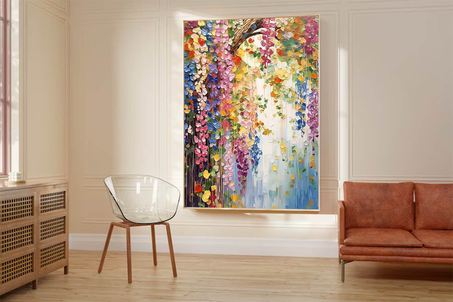 Vibrant Floral Oil Painting with Colorful Blooms and Lush Greenery