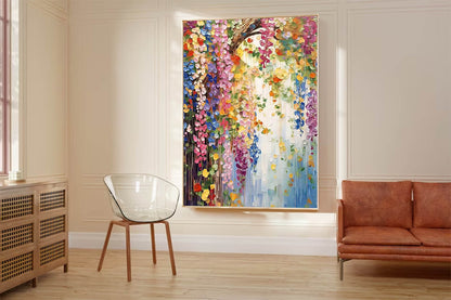 Vibrant Floral Oil Painting with Colorful Blooms and Lush Greenery