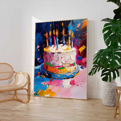 Vibrant Abstract Oil Painting of Colorful Birthday Cake Celebration