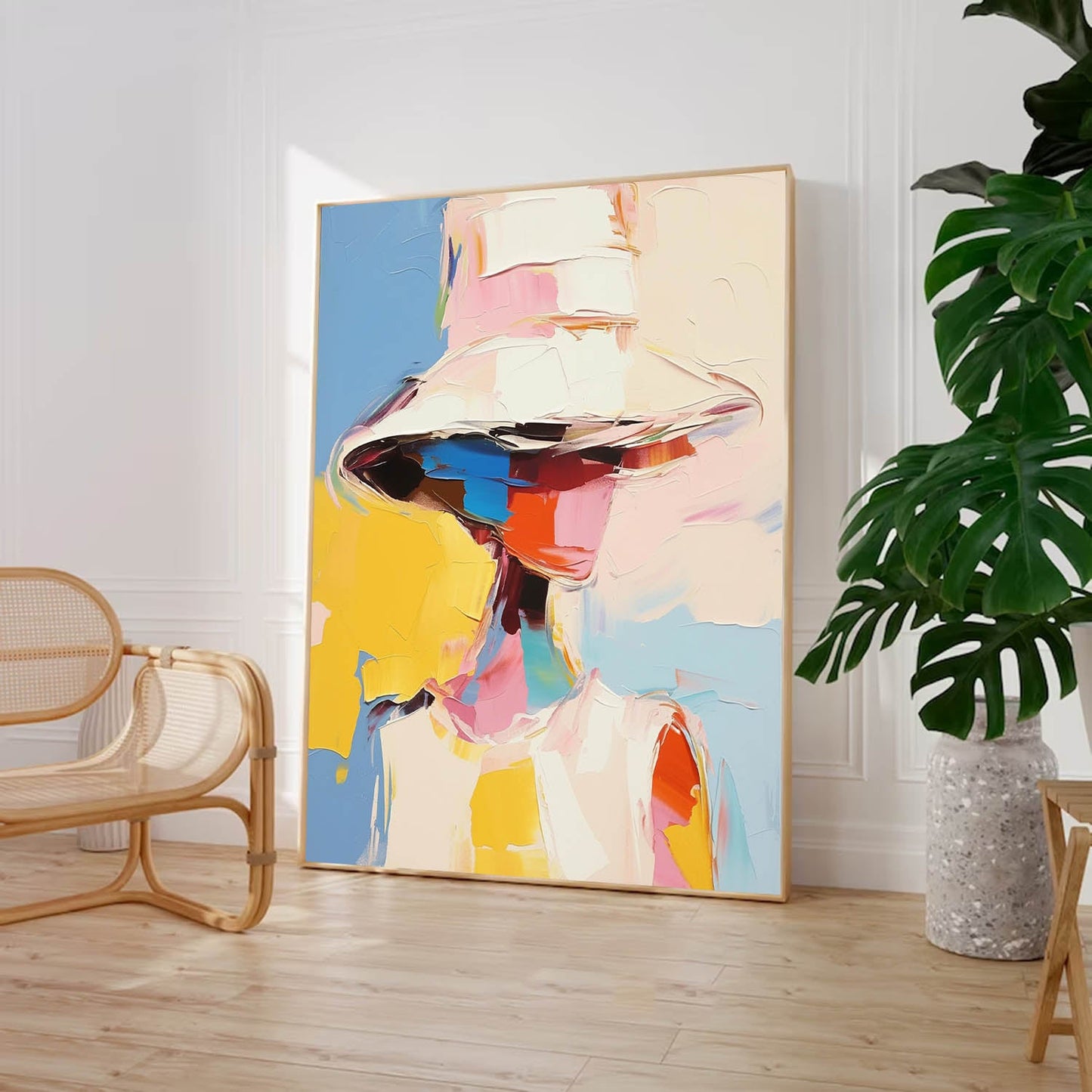 Vibrant Abstract Oil Painting of Woman with Hat in Colorful Background