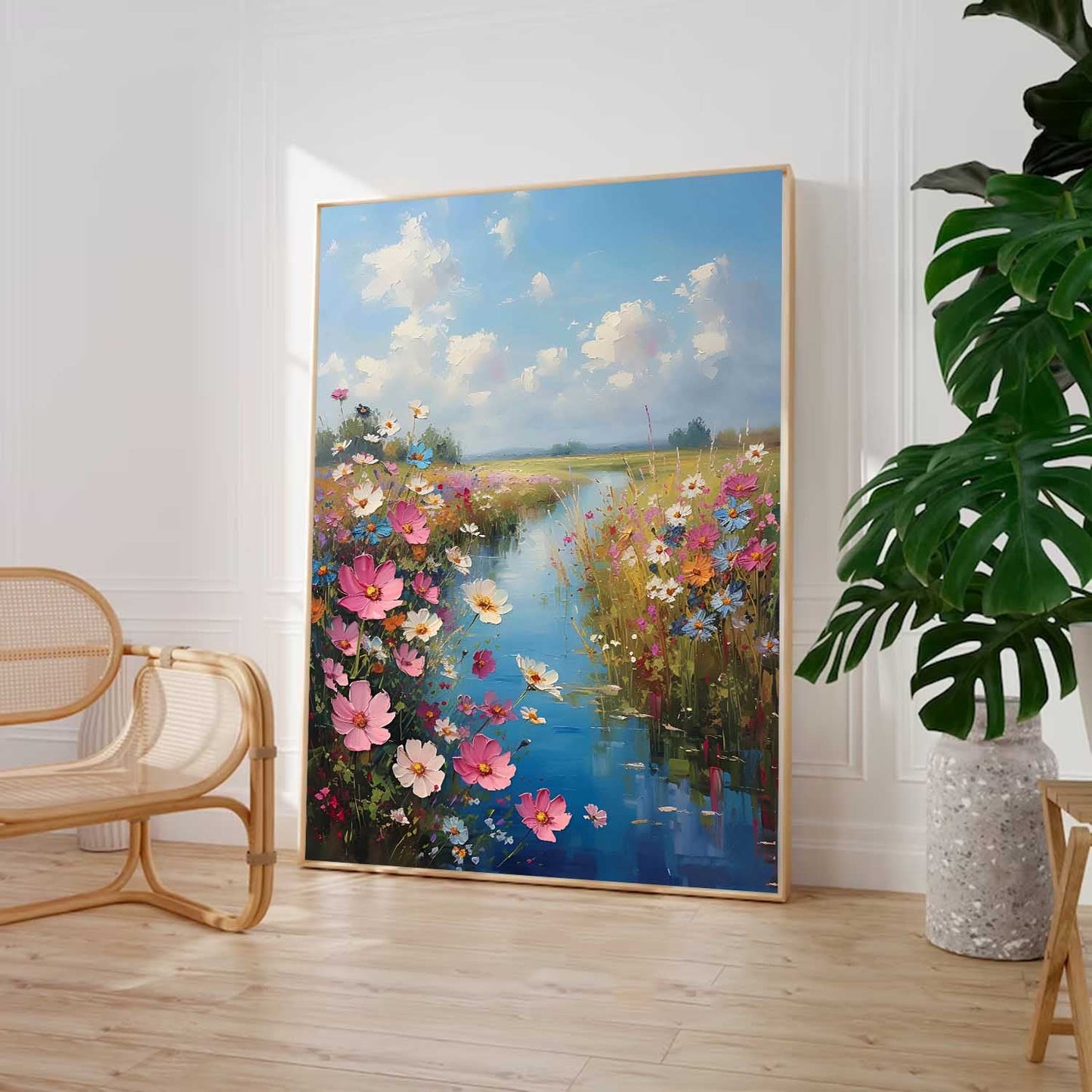 Vibrant Floral Landscape Oil Painting with Serene River and Blue Sky Art