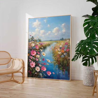 Vibrant Floral Landscape Oil Painting with Serene River and Blue Sky Art
