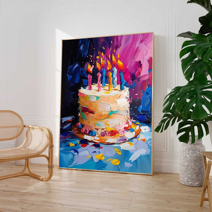 Vibrant Celebration Cake Oil Painting with Colorful Candles and Abstract Background