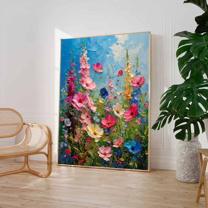 Vibrant Blooming Flower Field Oil Painting on Canvas for Home Decor