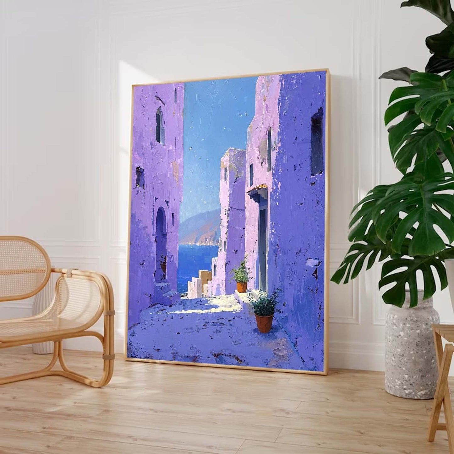 Vibrant Mediterranean Village: Stunning Oil Painting of Coastal Architecture