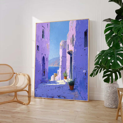 Vibrant Mediterranean Village: Stunning Oil Painting of Coastal Architecture