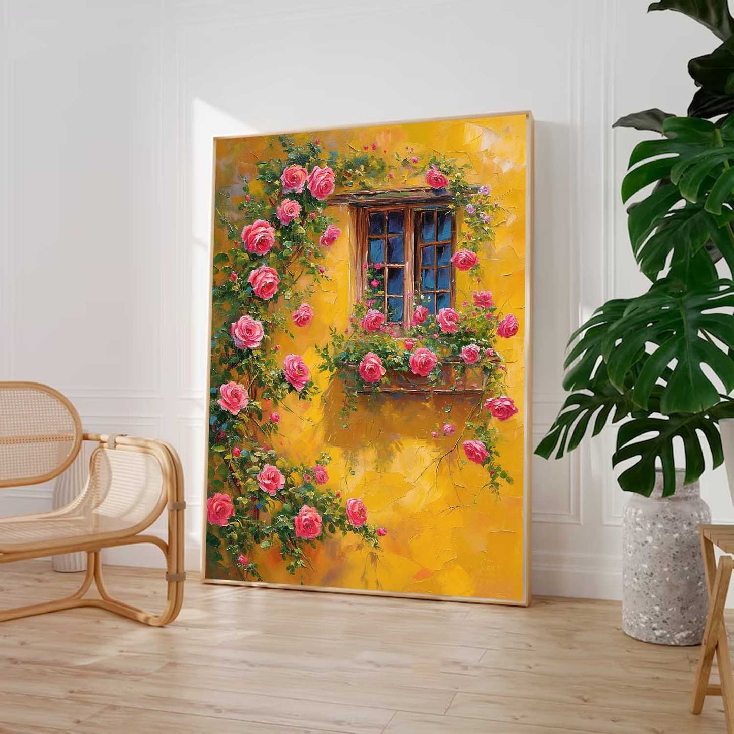 Vibrant Floral Window with Pink Roses and Yellow Wall Oil Painting