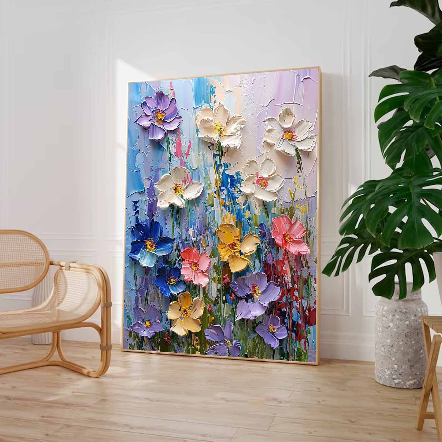 Vibrant Floral Oil Painting for Home Decor | Colorful Blooming Canvas Artwork