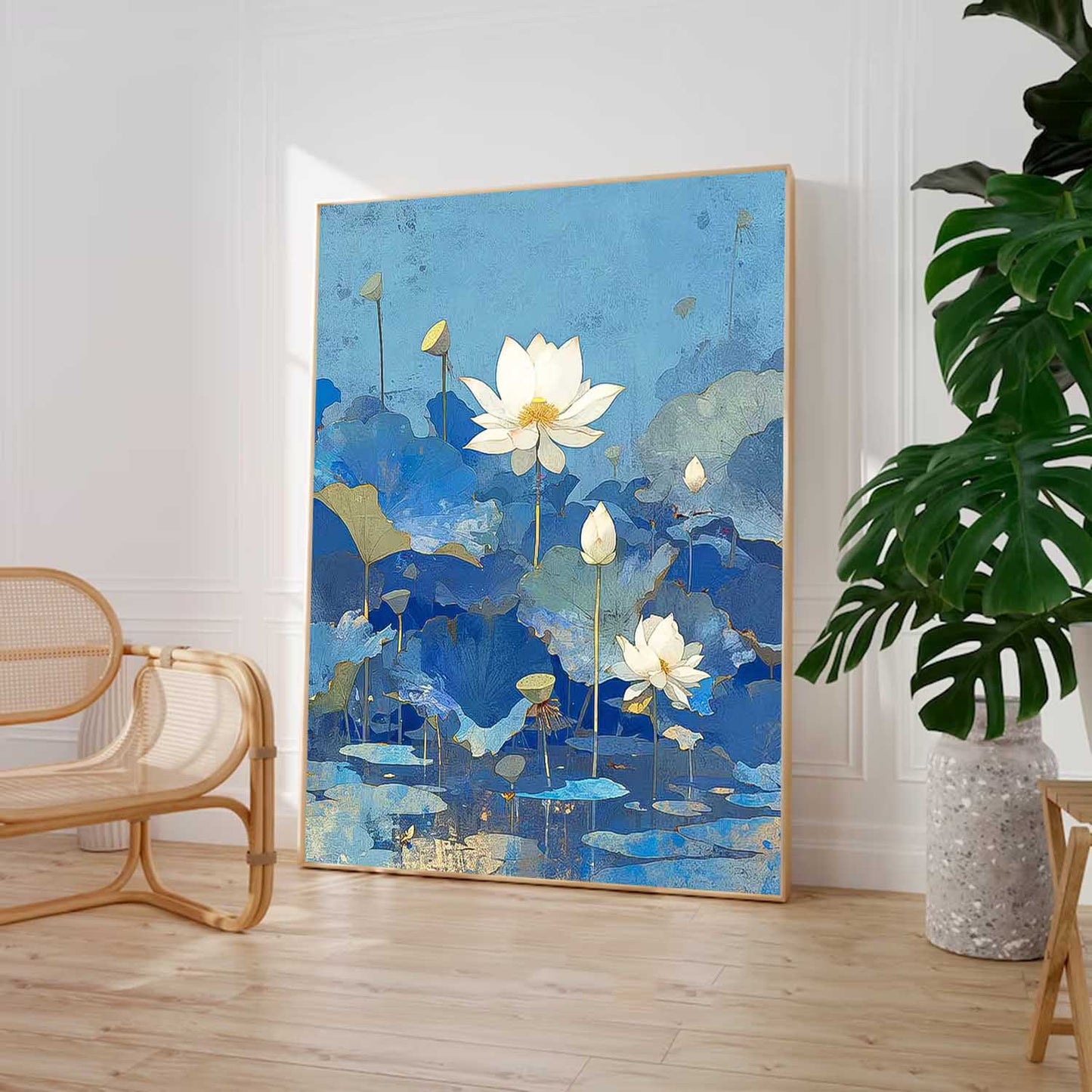 Tranquil Lotus Flowers Oil Painting on Vibrant Blue Canvas