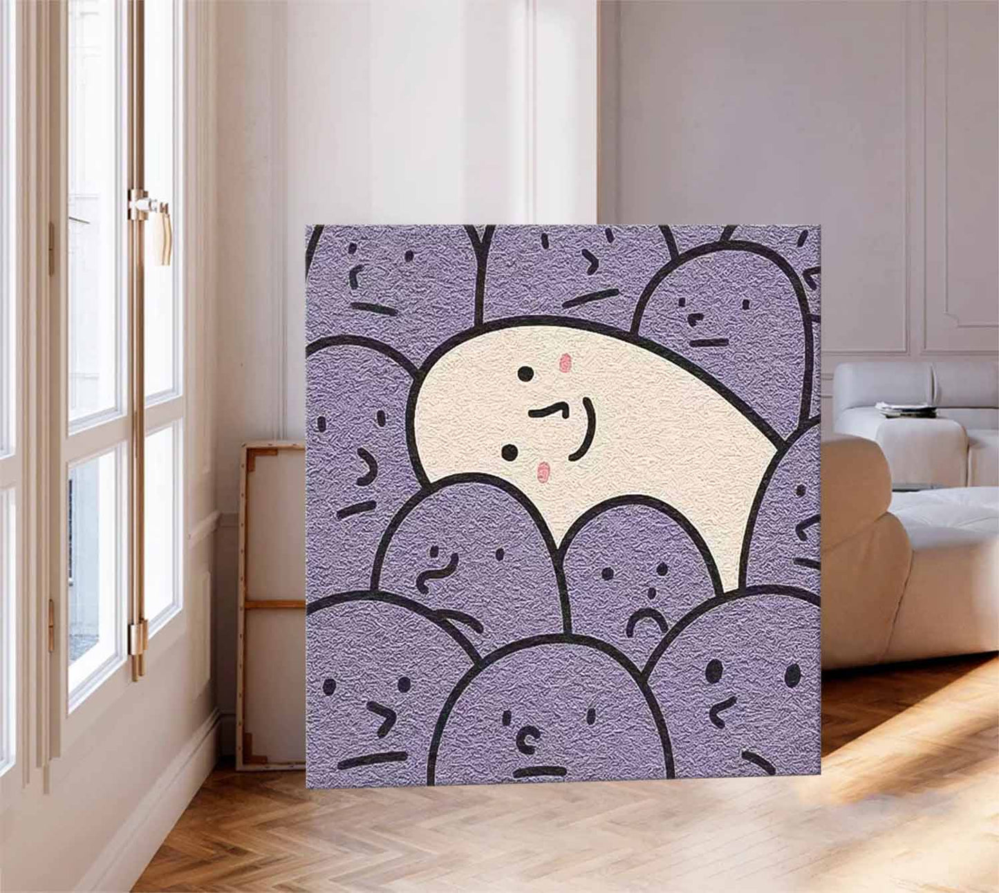 Charming Minimalist Oil Painting of Smiling Character Among Purple Faces