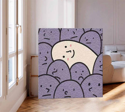 Charming Minimalist Oil Painting of Smiling Character Among Purple Faces