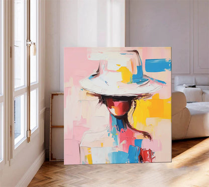 Vibrant Abstract Portrait with Hat – Colorful Oil Painting for Modern Home Decor