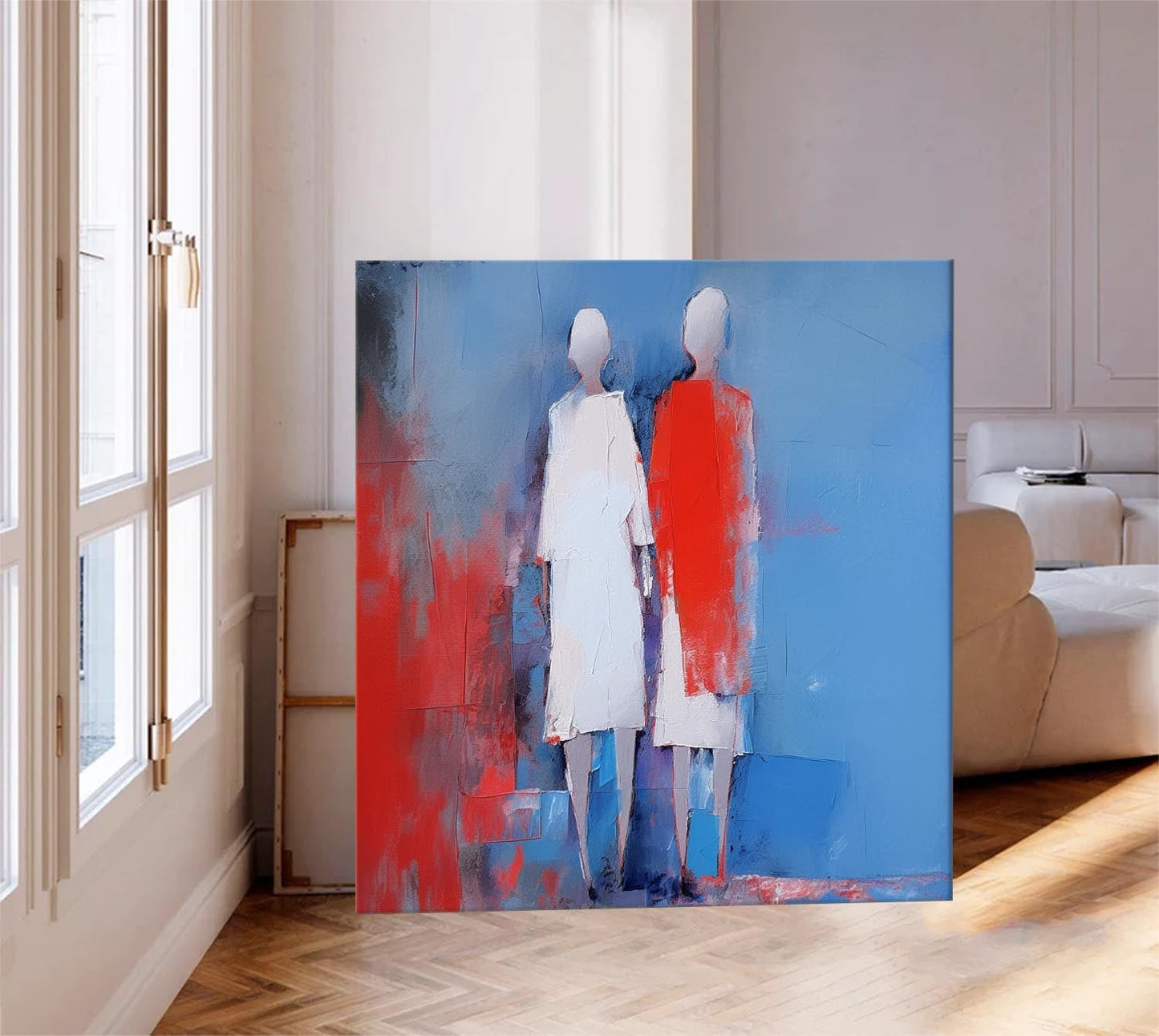 Abstract Oil Painting of Figures in Blue and Red - Modern Canvas Art for Home Decor