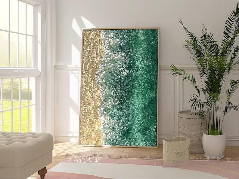 Serene Beach and Ocean Waves Oil Painting for Coastal Decor