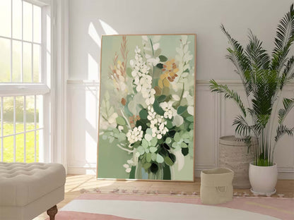 Elegant Floral Oil Painting for Home Décor – Green and White Bouquet Artwork