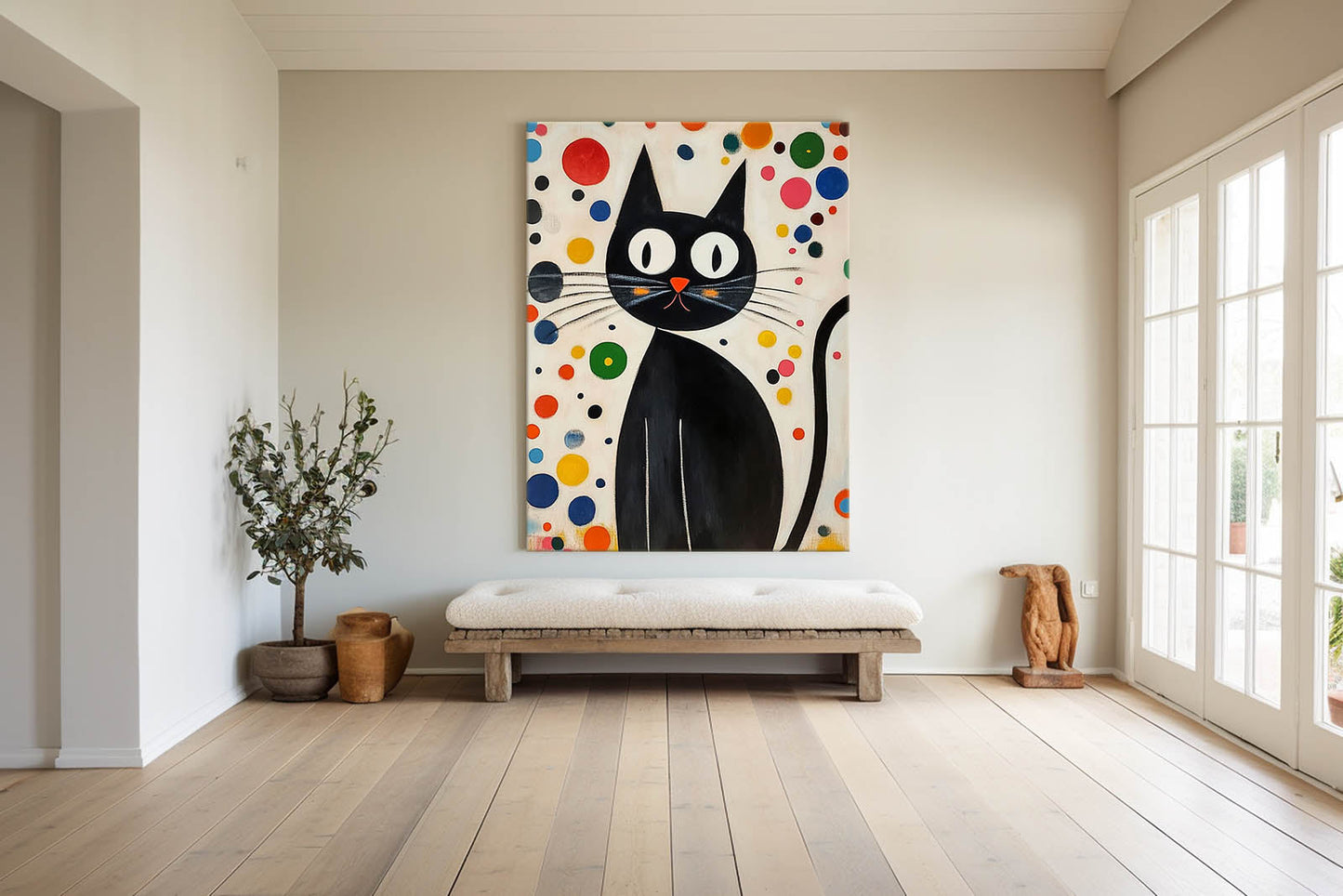 Whimsical Black Cat Oil Painting with Colorful Abstract Background