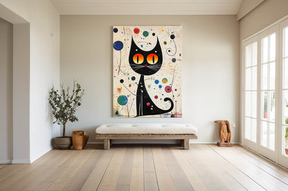 Whimsical Black Cat Oil Painting with Vibrant Colors and Abstract Elements