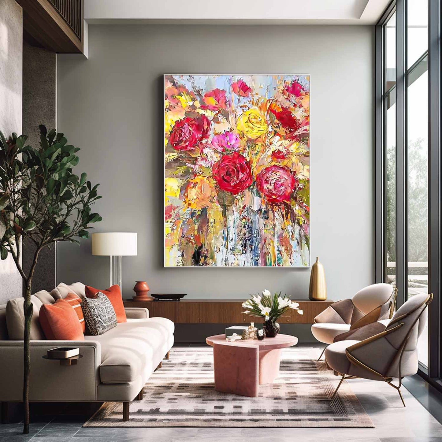 Vibrant Floral Oil Painting with Roses and Bright Colors for Home Decor