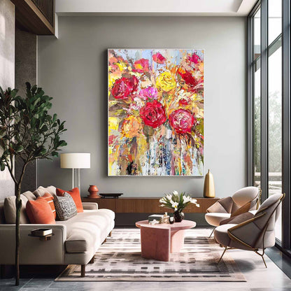 Vibrant Floral Oil Painting with Roses and Bright Colors for Home Decor