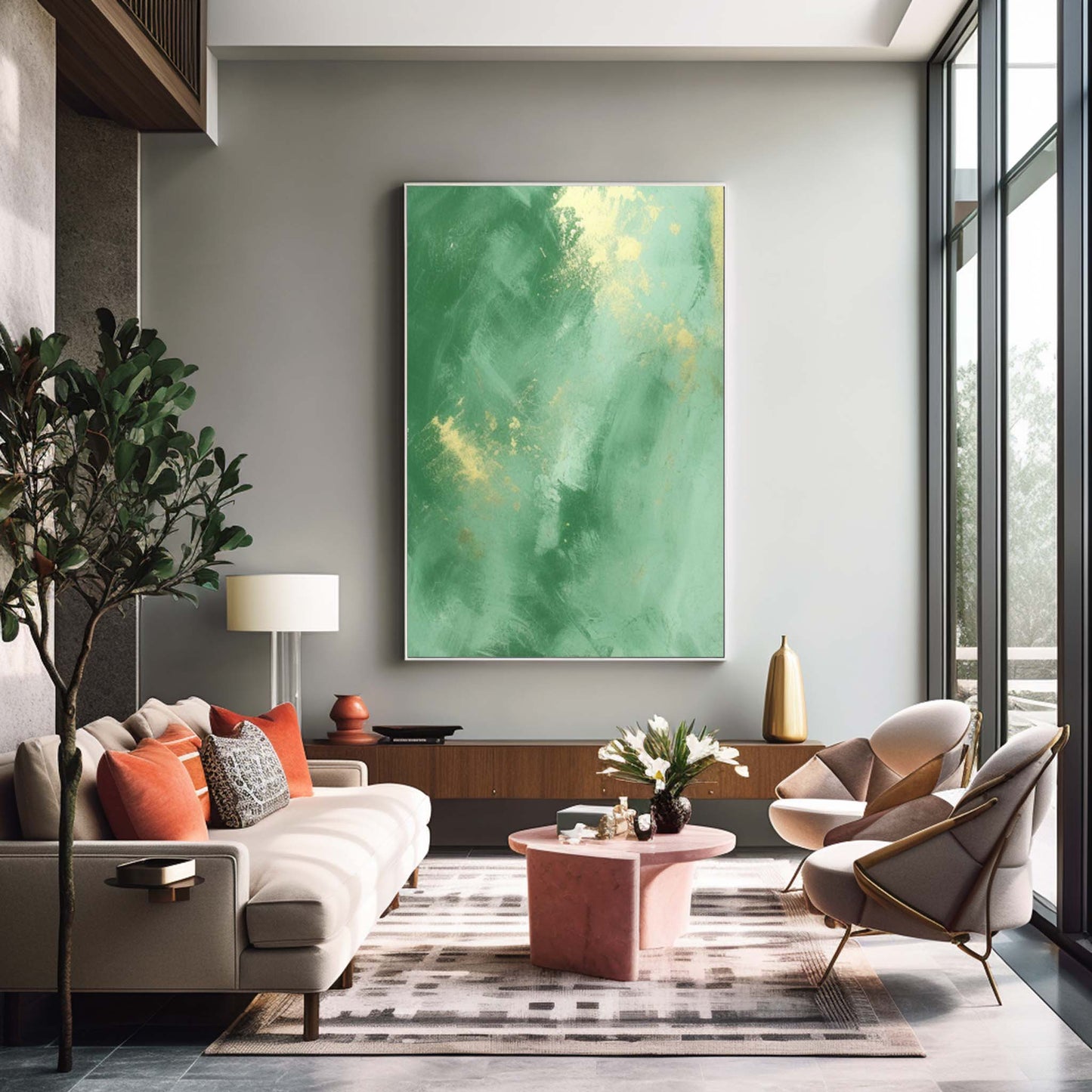 Vibrant Green Abstract Oil Painting with Gold Accents for Modern Decor