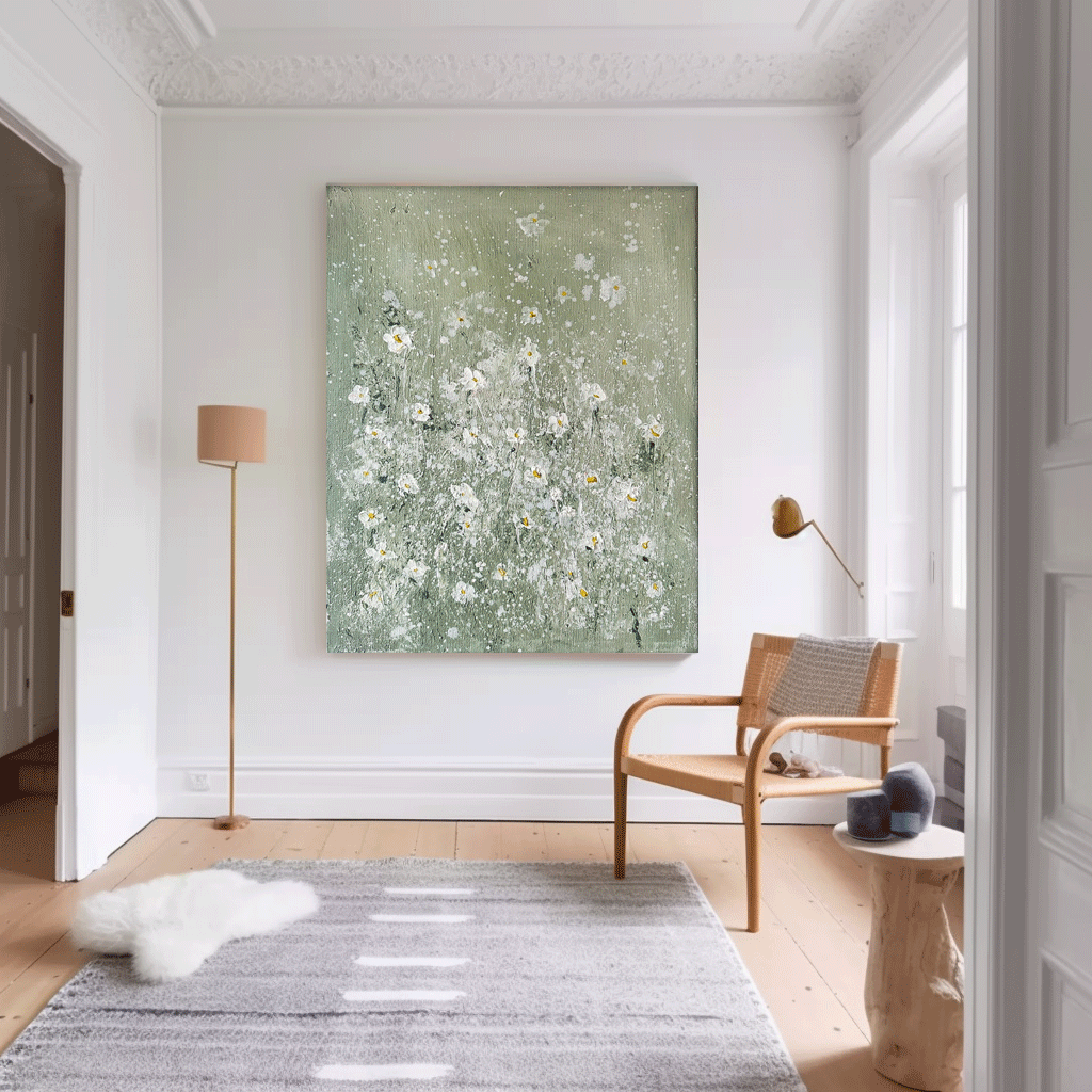 Elegant White Floral Oil Painting on Soft Green Canvas
