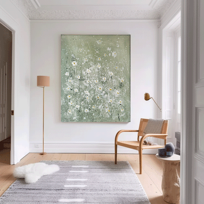 Elegant White Floral Oil Painting on Soft Green Canvas