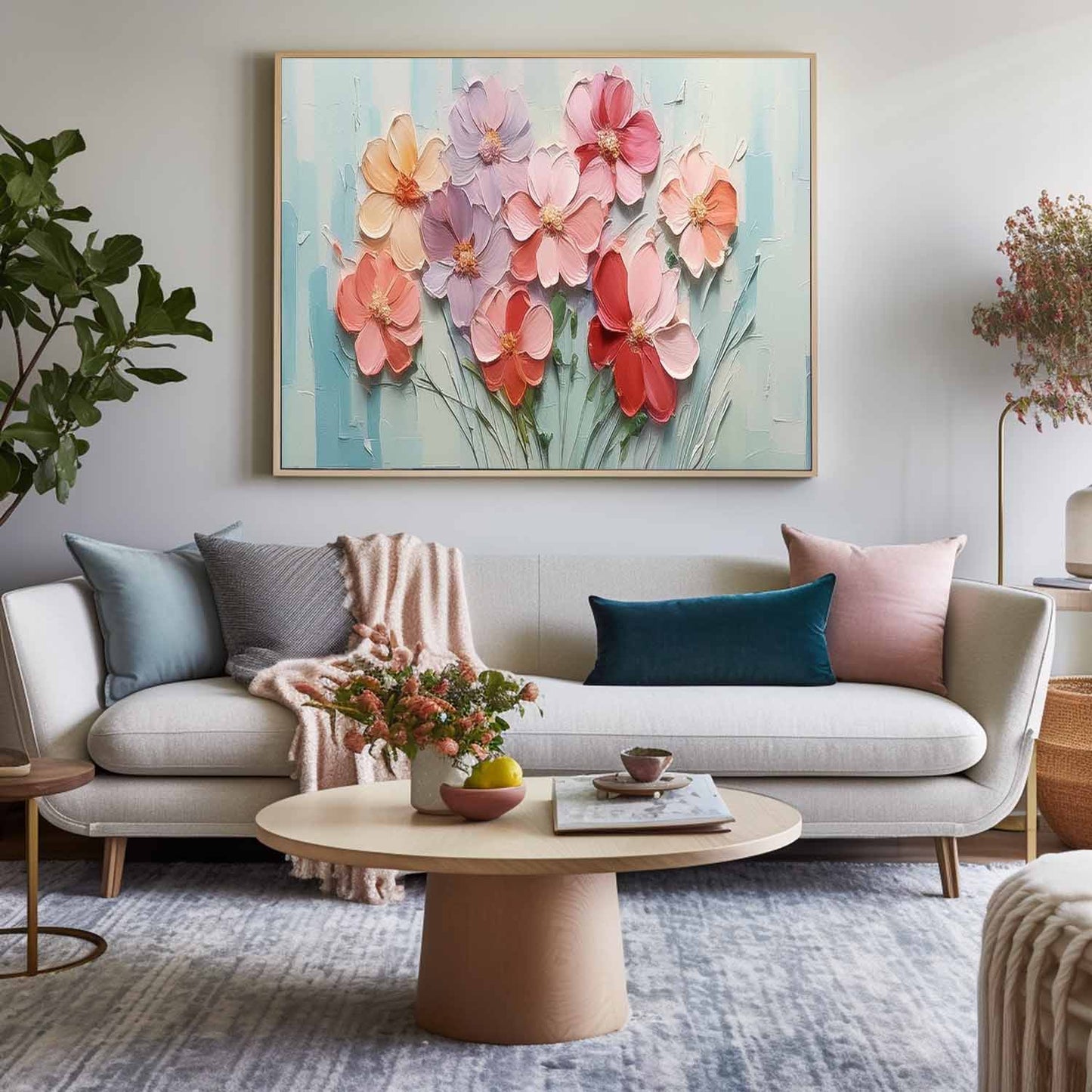 Vibrant Floral Oil Painting with Textured Petals and Soft Pastel Background
