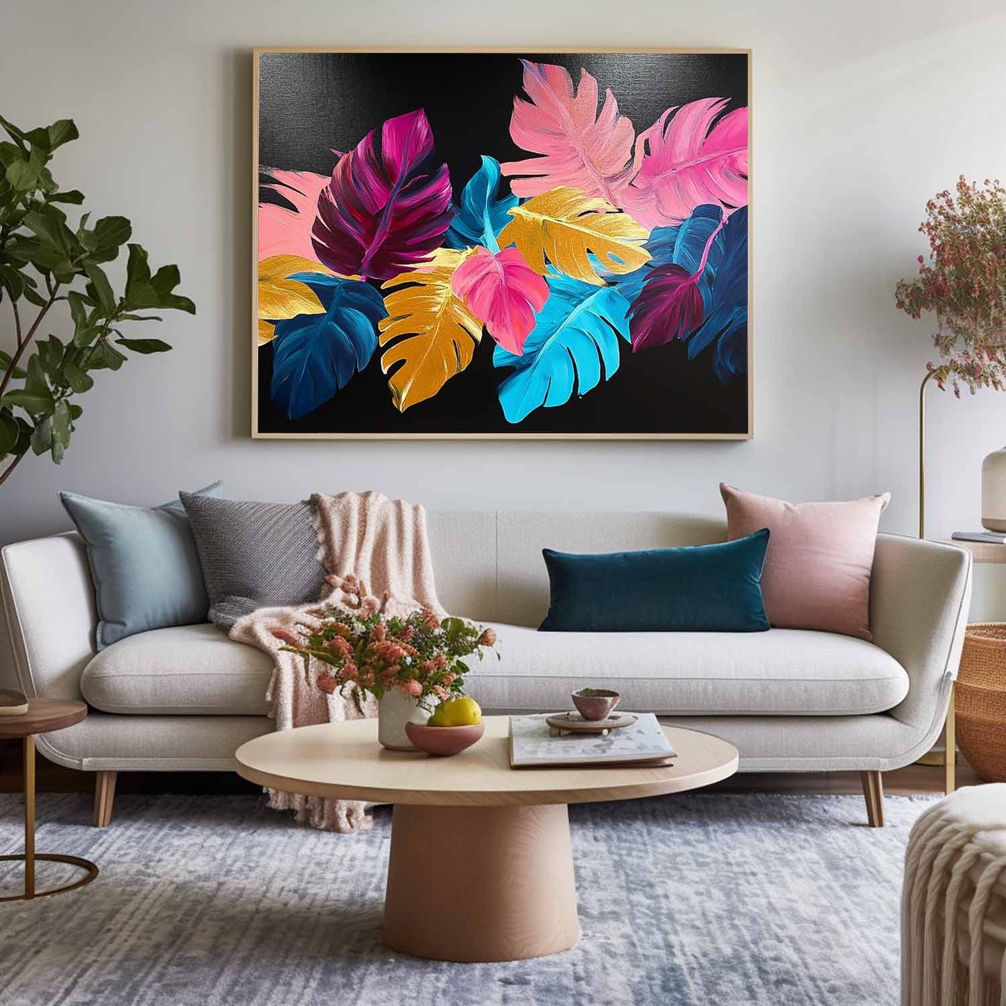 Vibrant Tropical Leaf Oil Painting on Black Canvas for Modern Home Decor