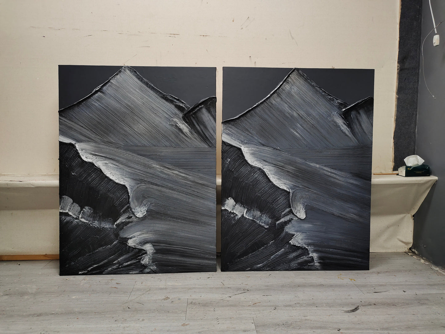 Monochrome Mountain Landscape Oil Painting with Textured Finish