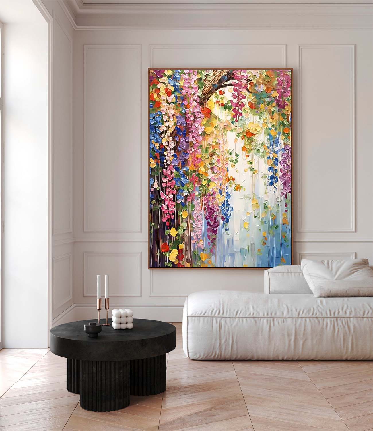 Vibrant Floral Oil Painting with Colorful Blooms and Lush Greenery