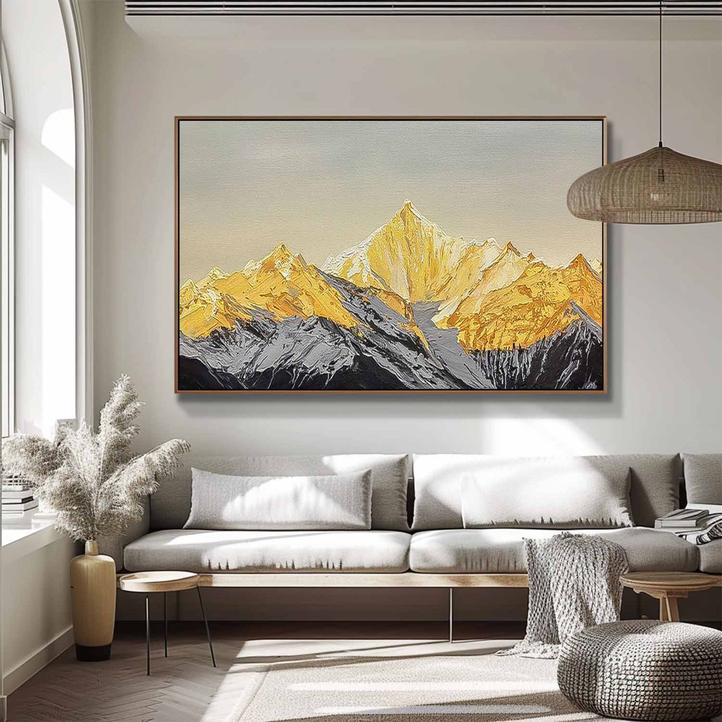 Majestic Mountain Landscape Oil Painting with Golden Peaks and Serene Skies