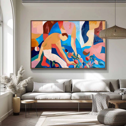 Vibrant Abstract Oil Painting with Colorful Figures and Floral Elements