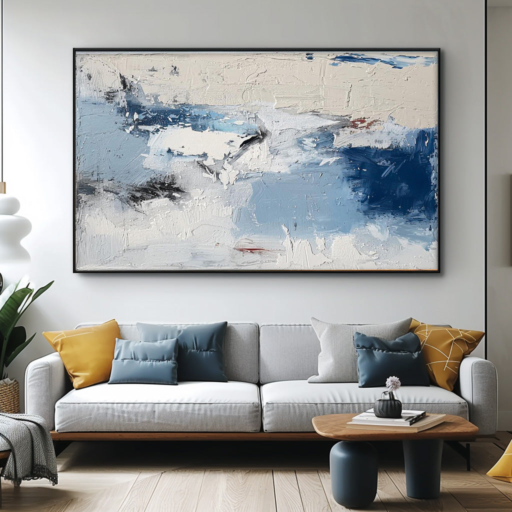 Serene Abstract Oil Painting with Blue and White Tones for Modern Home Decor