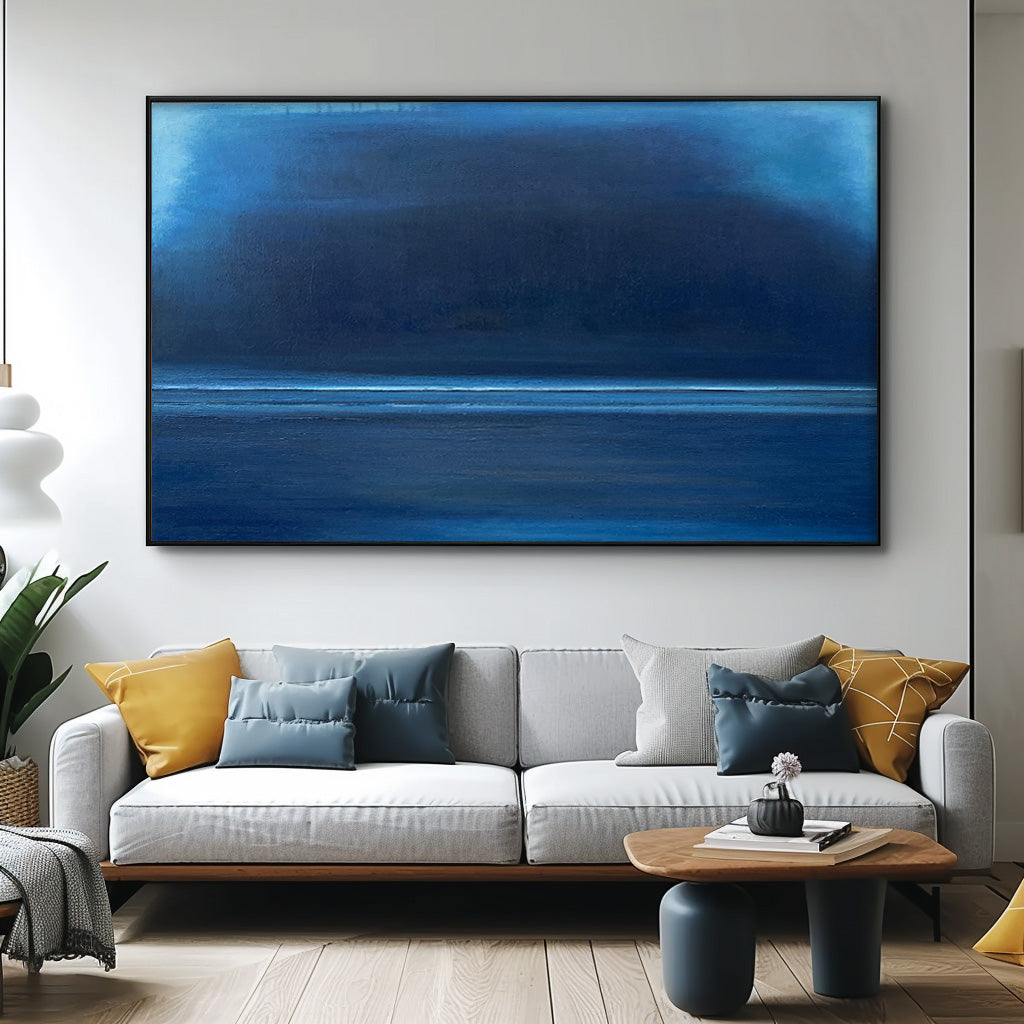 Tranquil Blue Minimalist Oil Painting for Serene Home Decor