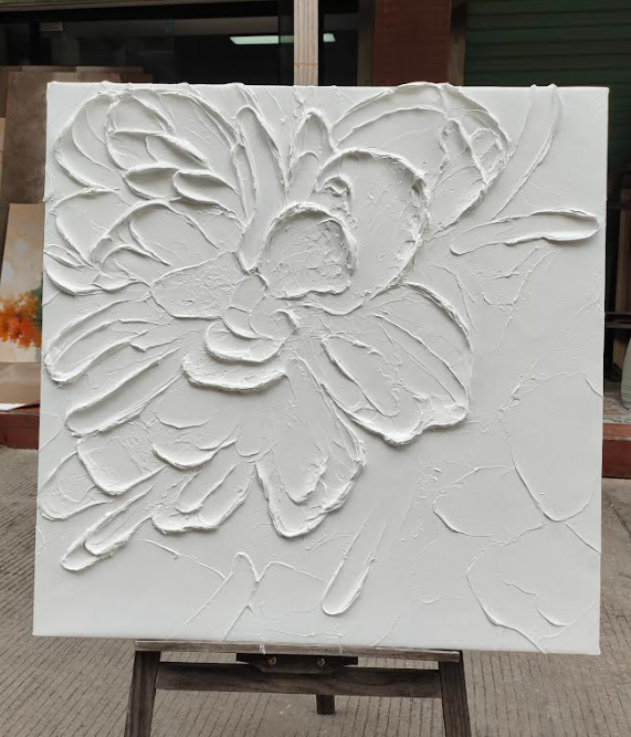 Textured White Floral Oil Painting – Modern Abstract Artwork for Home Decor