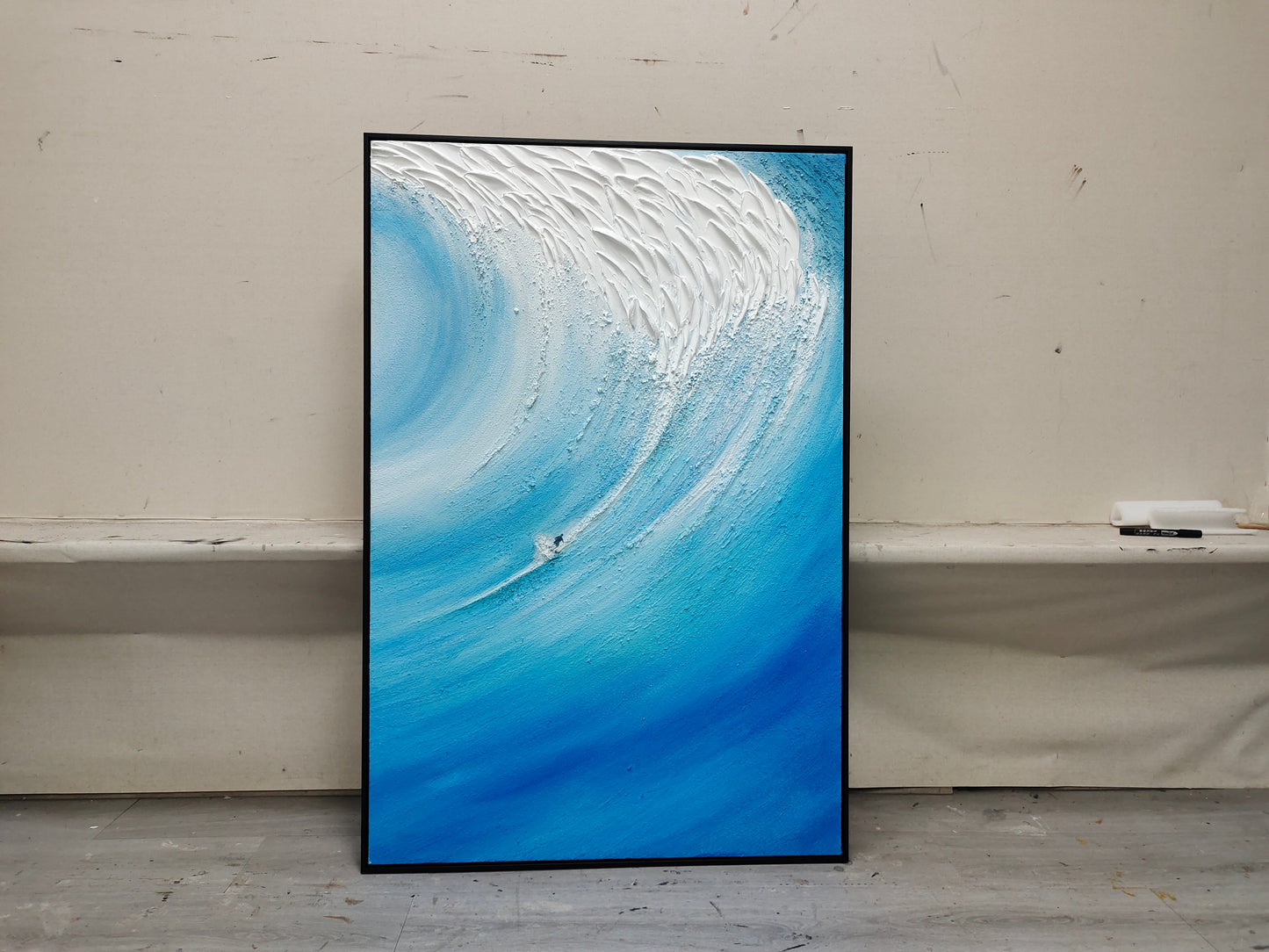 Dynamic Ocean Wave Oil Painting in Vibrant Blues and Silver Hues