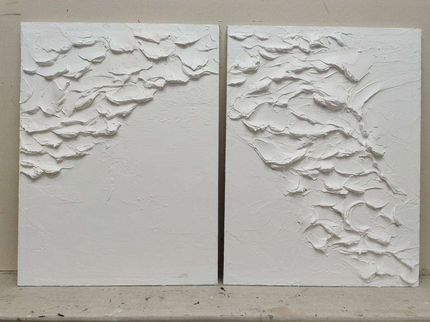 Modern Textured White Abstract Oil Painting Pair for Contemporary Decor