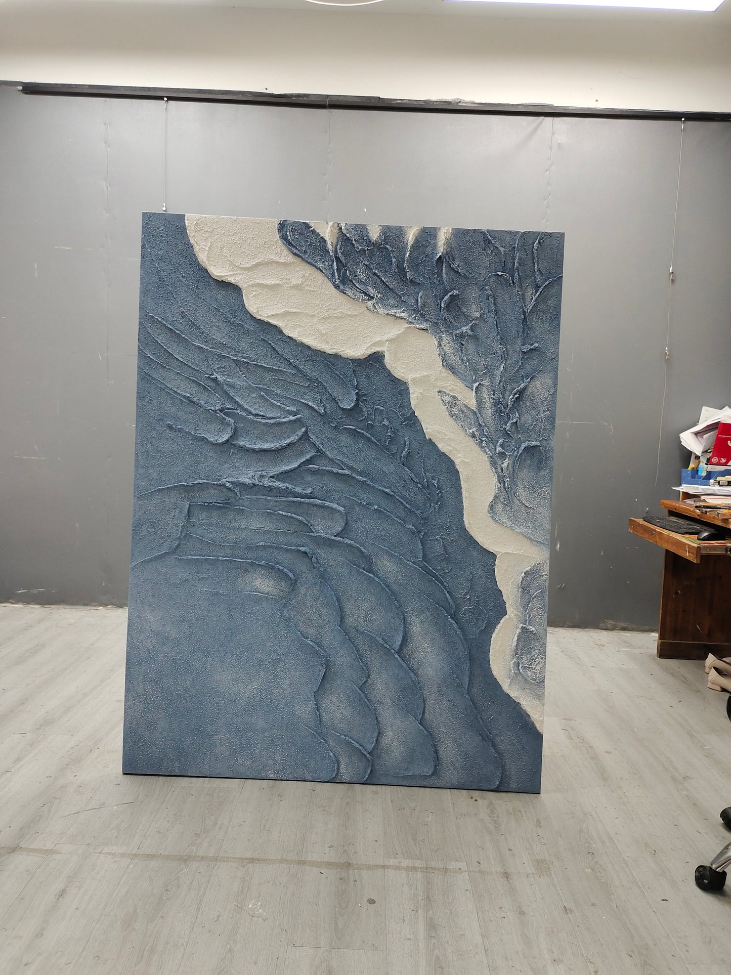 Textured Coastal Landscape Oil Painting in Blue and White Tones for Contemporary Decor