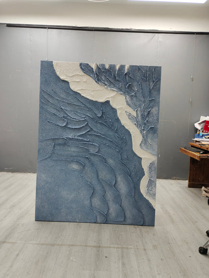 Textured Coastal Landscape Oil Painting in Blue and White Tones for Contemporary Decor