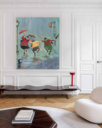Joyful Rain Dance - Vibrant Oil Painting of People with Umbrellas