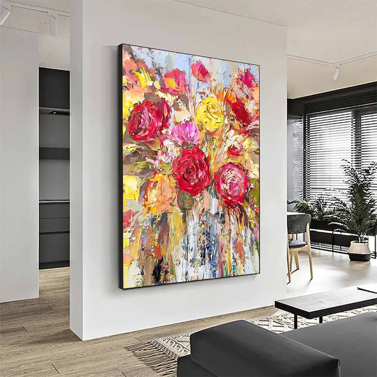 Vibrant Floral Oil Painting with Roses and Bright Colors for Home Decor