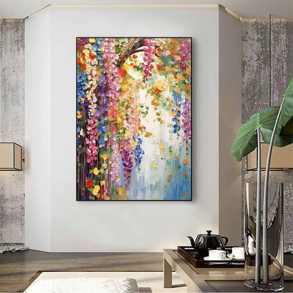 Vibrant Floral Oil Painting with Colorful Blooms and Lush Greenery